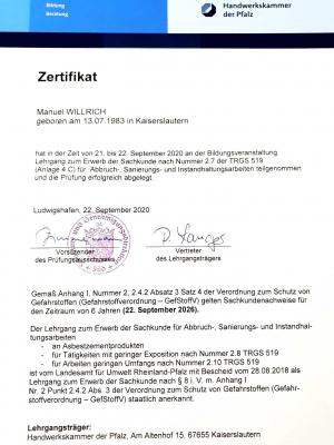 Zerfifikat Abbruch-, Sanierungs- und Instandsetzungsarbeiten mit Asbestzementprodukten