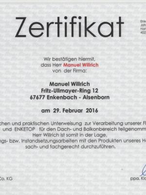 Zertifikat Fa. Enke Flüssigkunststoff